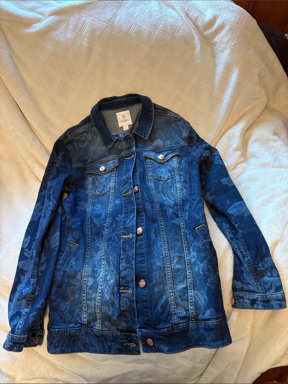 LuLaRoe Dark Blue Floral Denim Jacket Size Medium Button Up Leaf Design